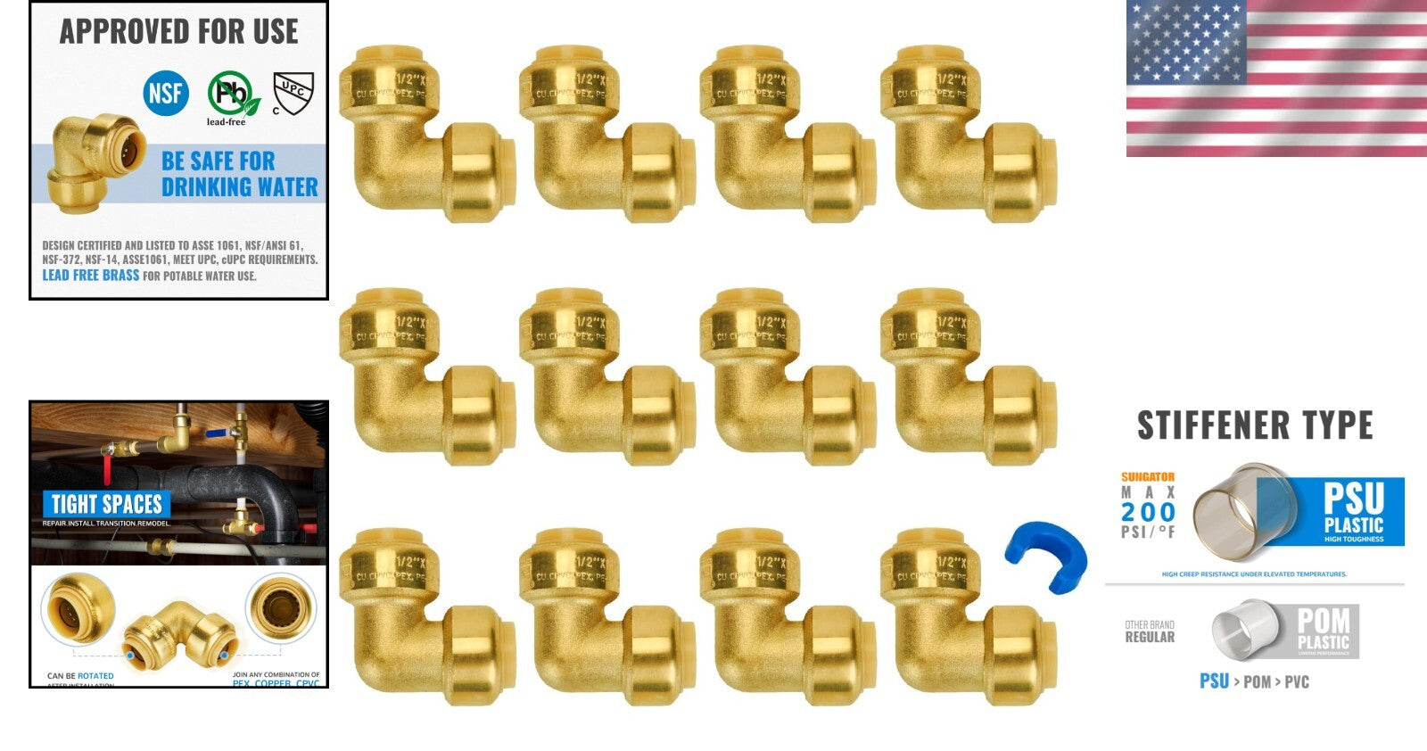 Durable 1/2 Inch 90 Degree Brass Elbows - Push PEX Plumbing Fittings Pack of 12