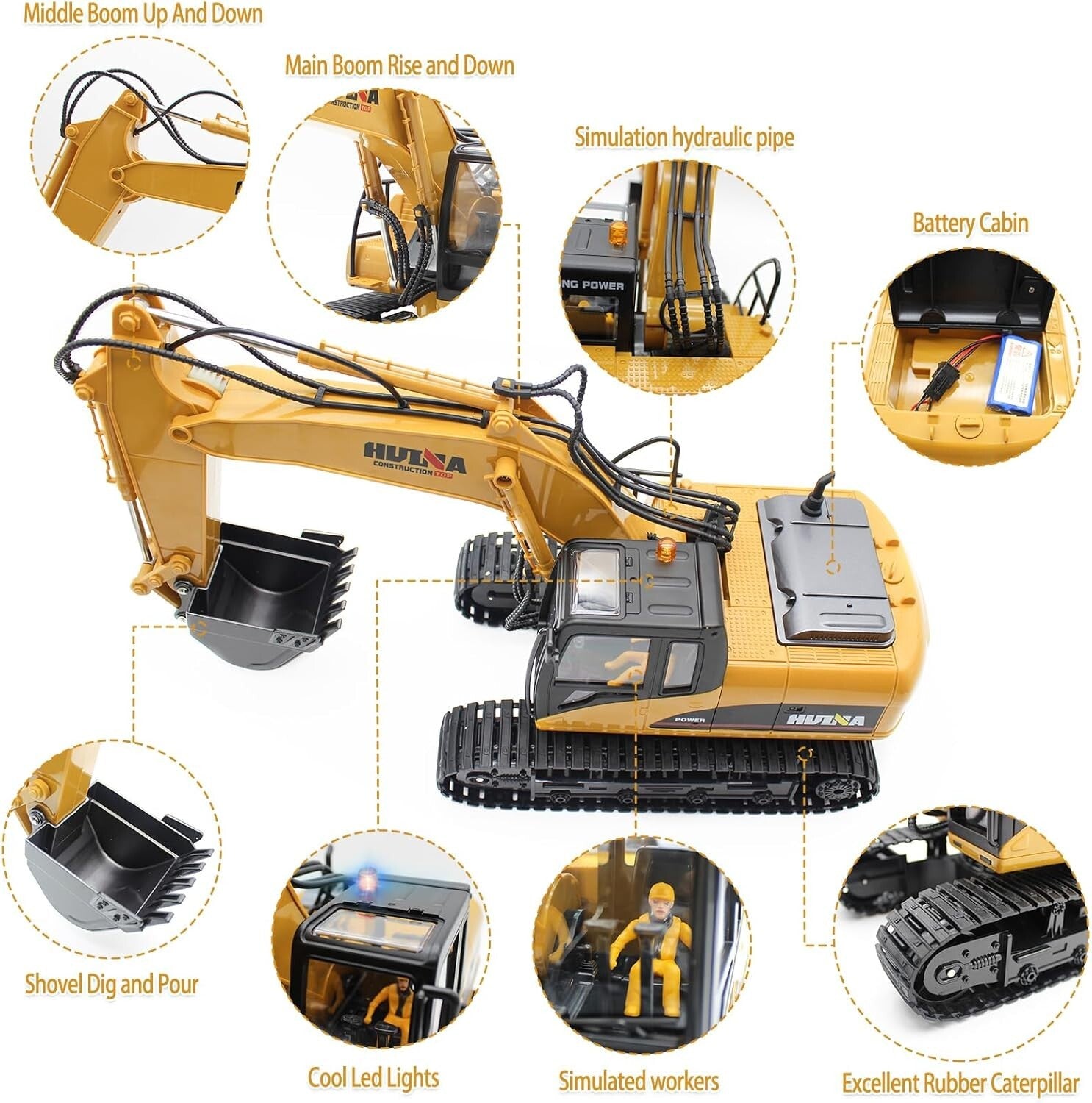 15 Channel Remote Control Excavator Toy - Full Function Digger with Metal Shovel