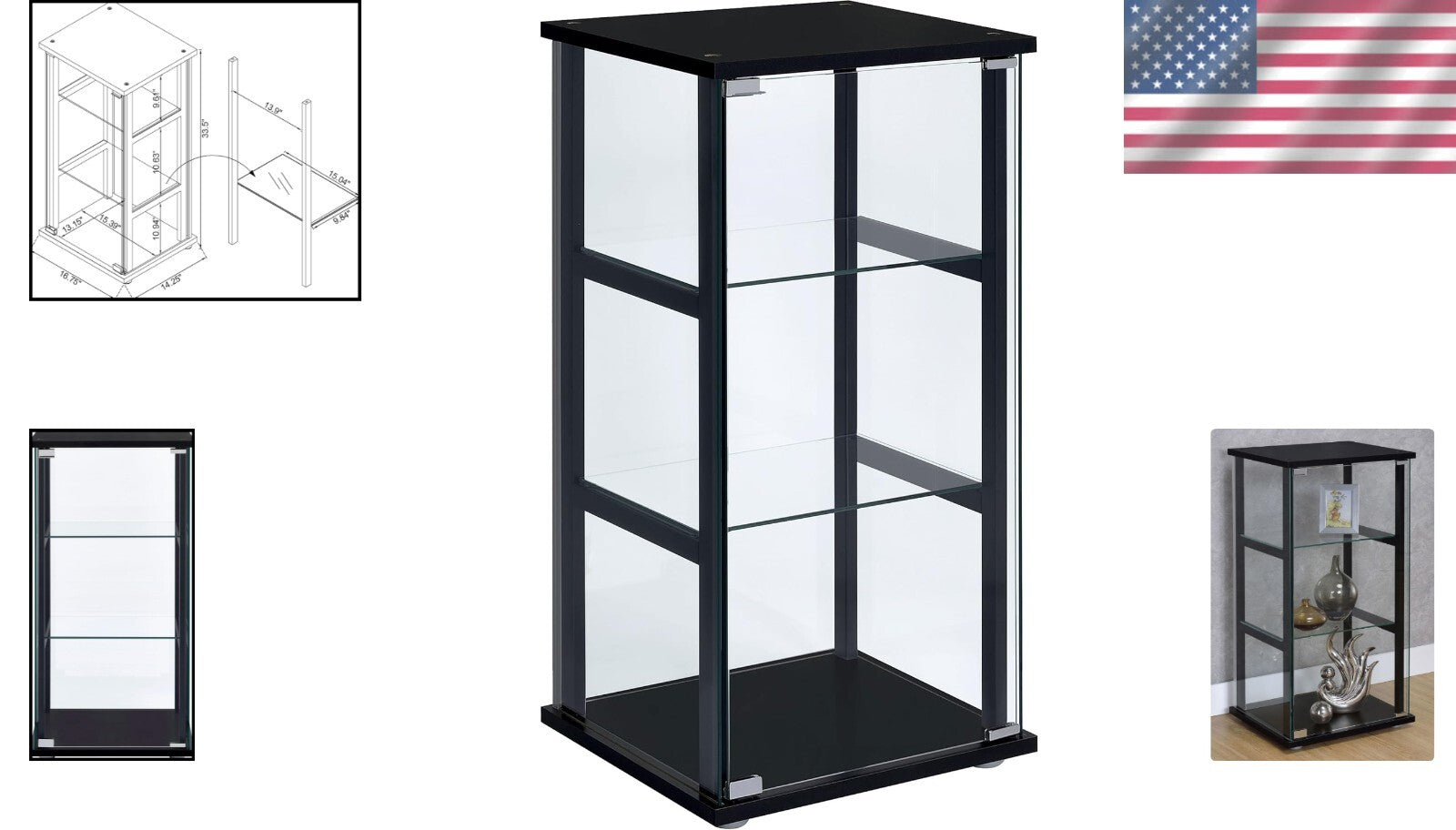 Elegant 34-inch 3-Tier Black Tempered Glass Curio Cabinet - Modern Display Case