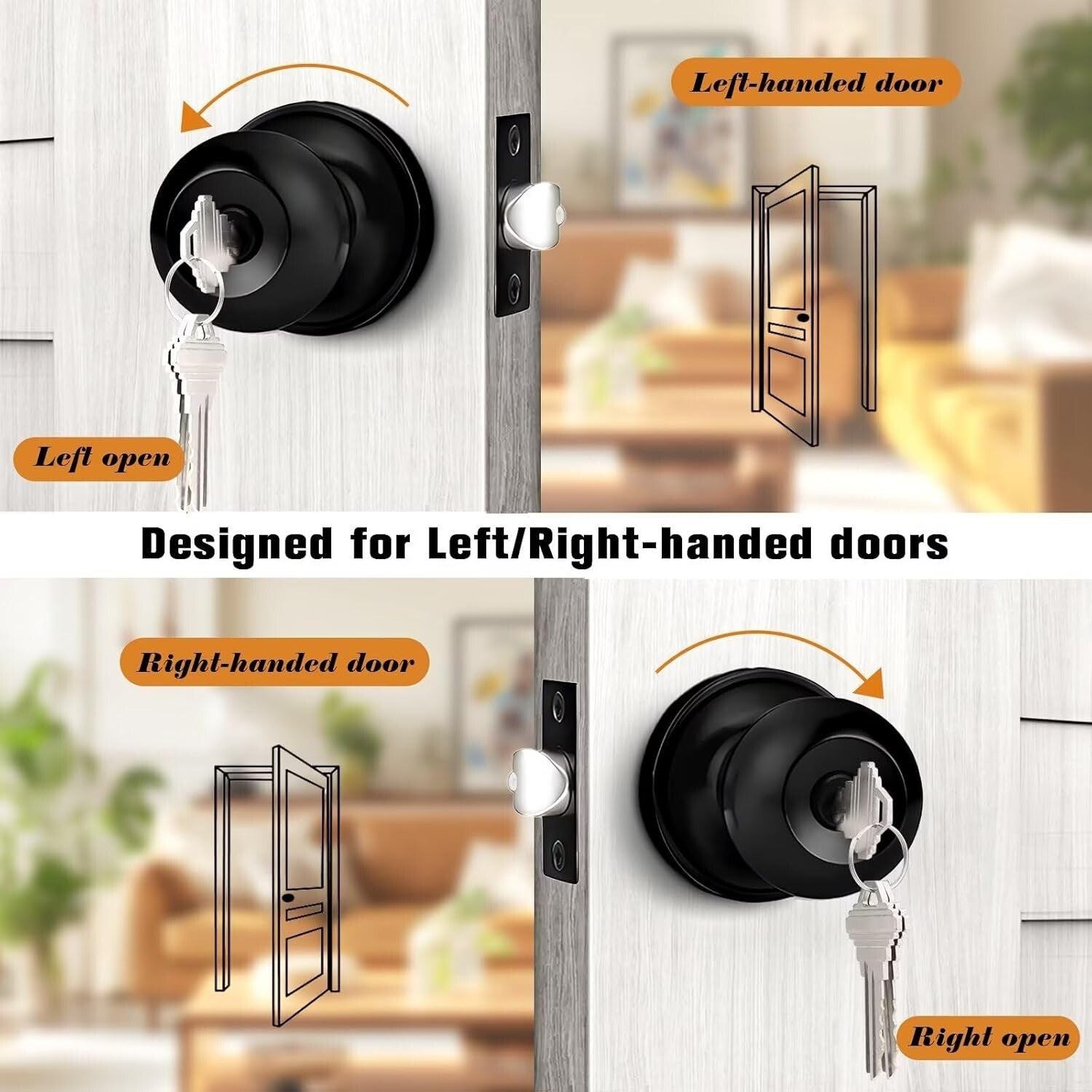 Flat Black Keyed Alike Round Door Knobs – 4 Pack Stainless Steel Security