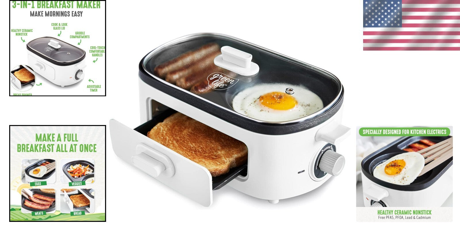 Healthy Ceramic Nonstick Breakfast Maker: Cook Eggs, Meat & Toast Efficiently