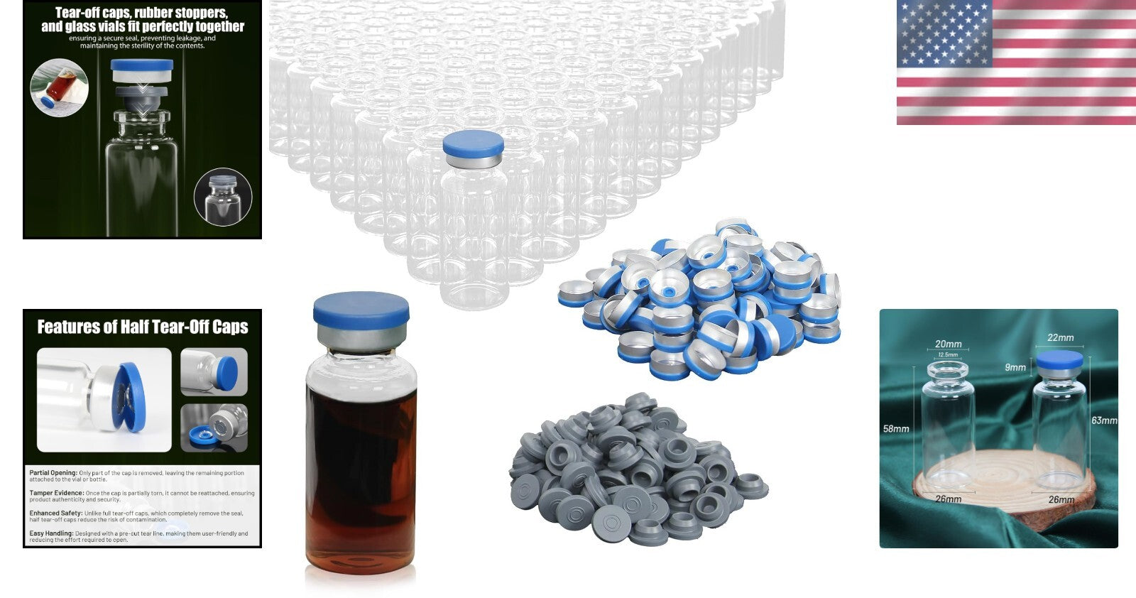 Borosilicate 20ml Clear Glass Headspace Vials with Rubber Stoppers - 100 Sets