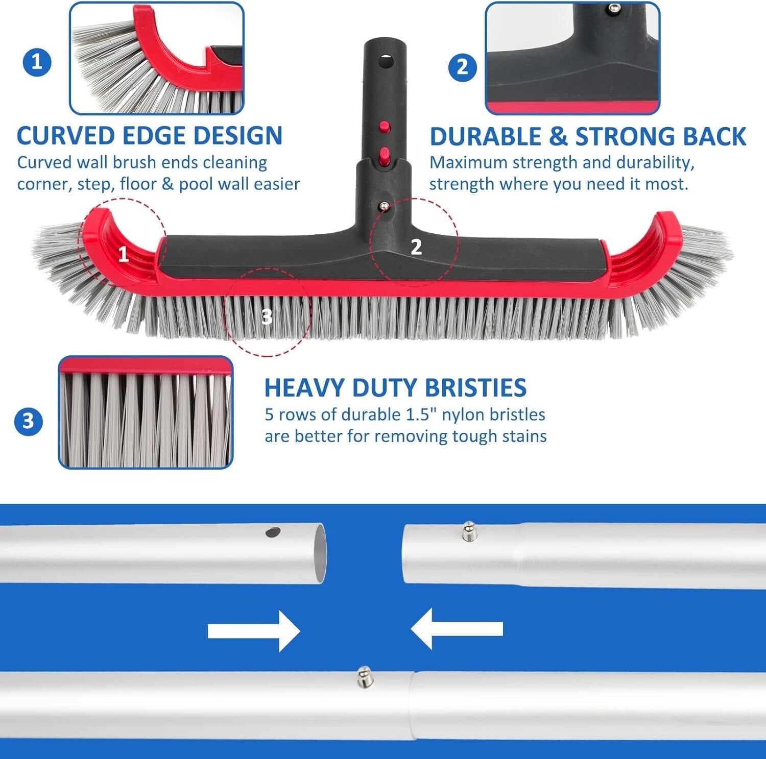 Durable Nylon Bristle Pool Brush with Extendable 10.5FT Pole for Easy Cleaning