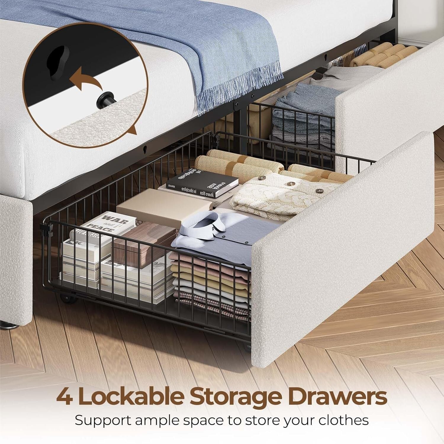 Adjustable Twin Bed Frame with RGB LED Lights & 4 Storage Drawers in White