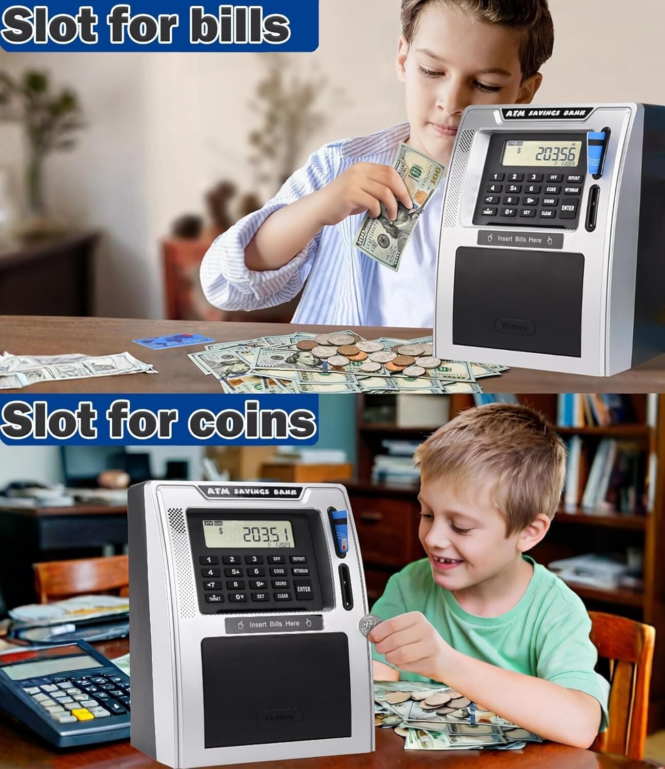 Fun ATM Piggy Bank for Kids - Auto Coin Recognition, 4-Digit PIN & Voice Prompts