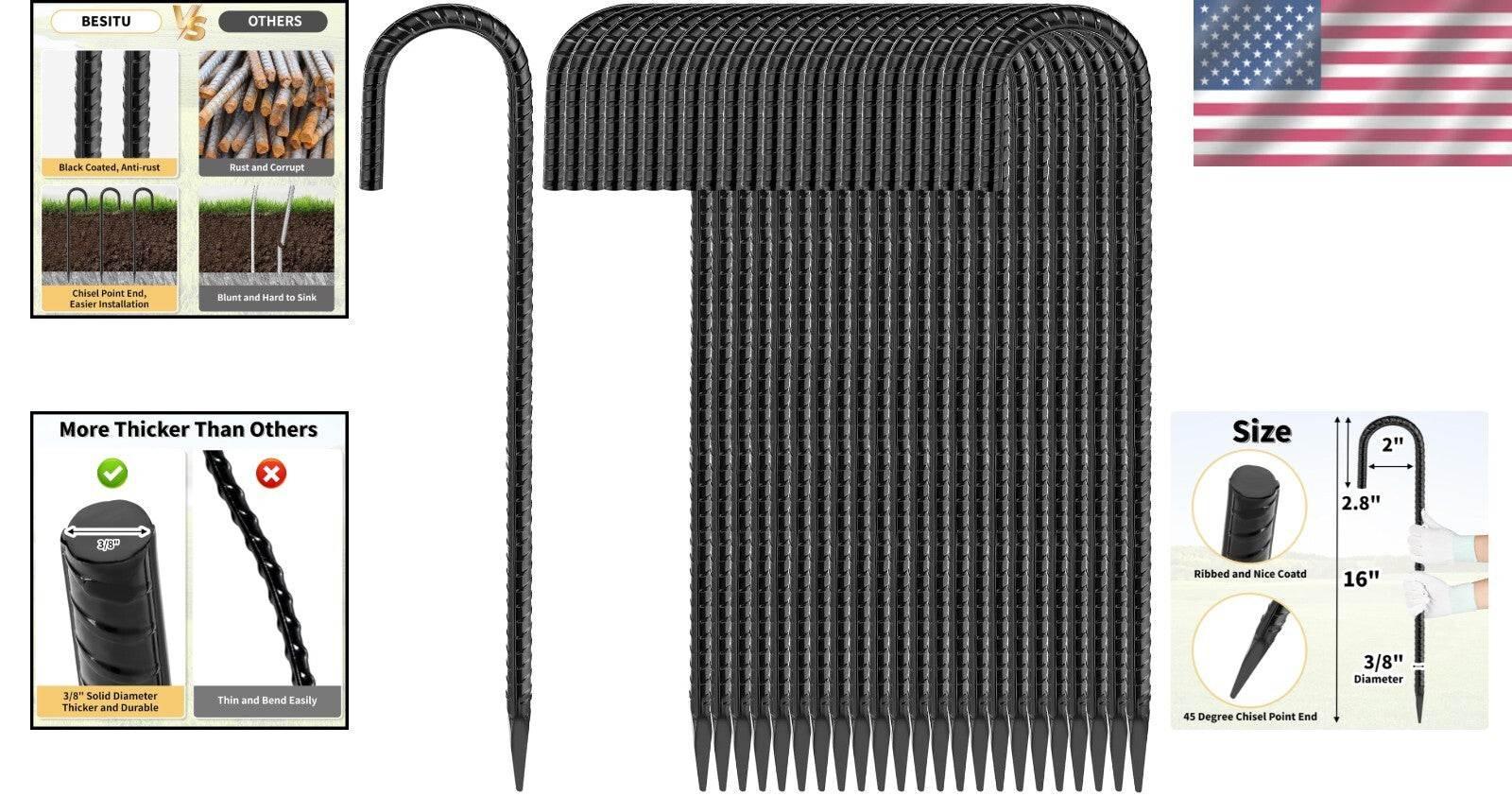 24-Pack 16 Inch J Hook Steel Tent Stakes – Reliable Chisel Point Ground Anchors