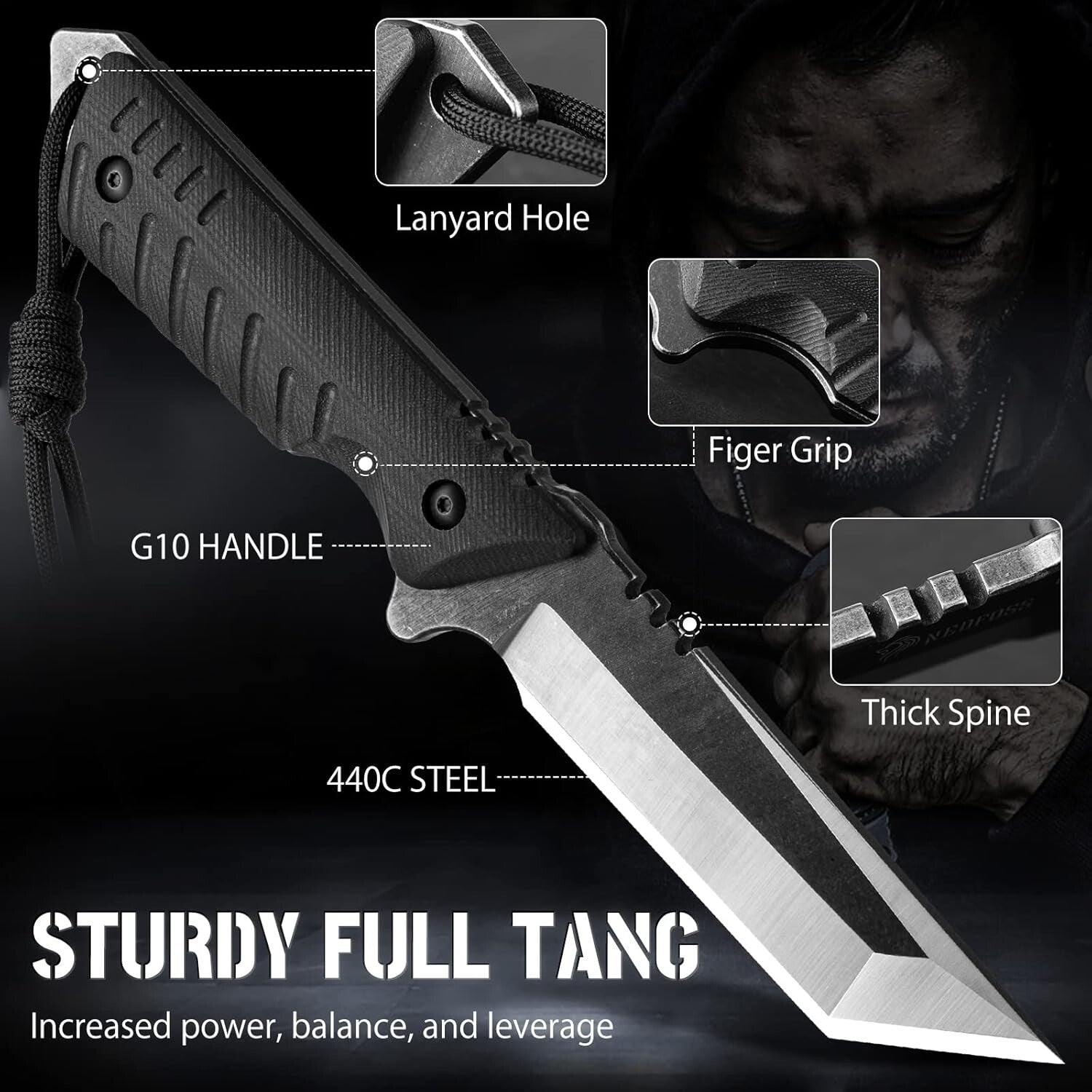 440C Tactical Outdoor Knife with Fire Starter & Kydex Sheath - Perfect Campin...