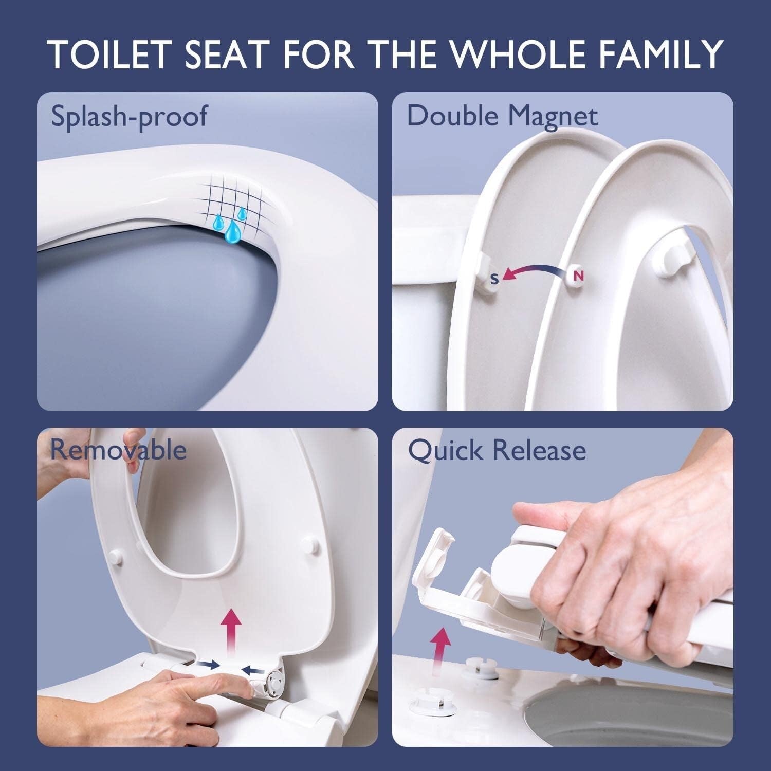 Durable Elongated Toilet Seat with Magnetic Child Seat - White PP Construction