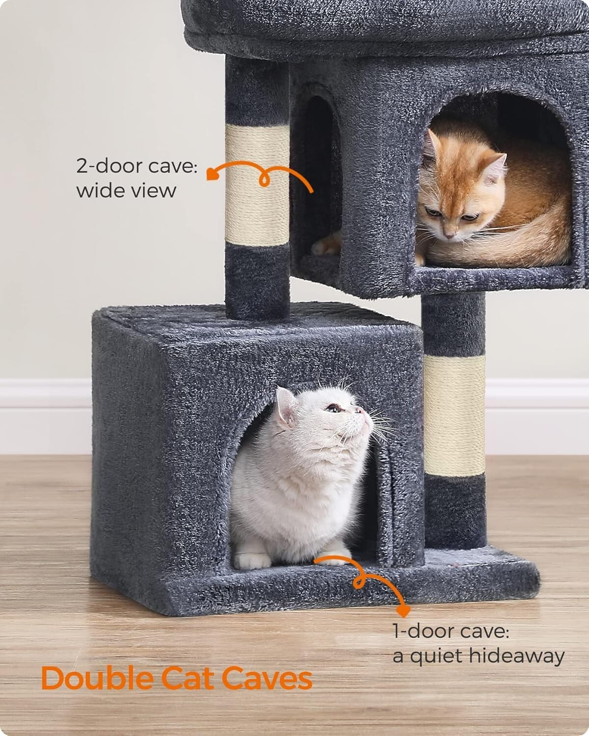 Smoky Gray 26.4-Inch Cat Tree with 2 Caves and Large Perch - Ideal for Kittens