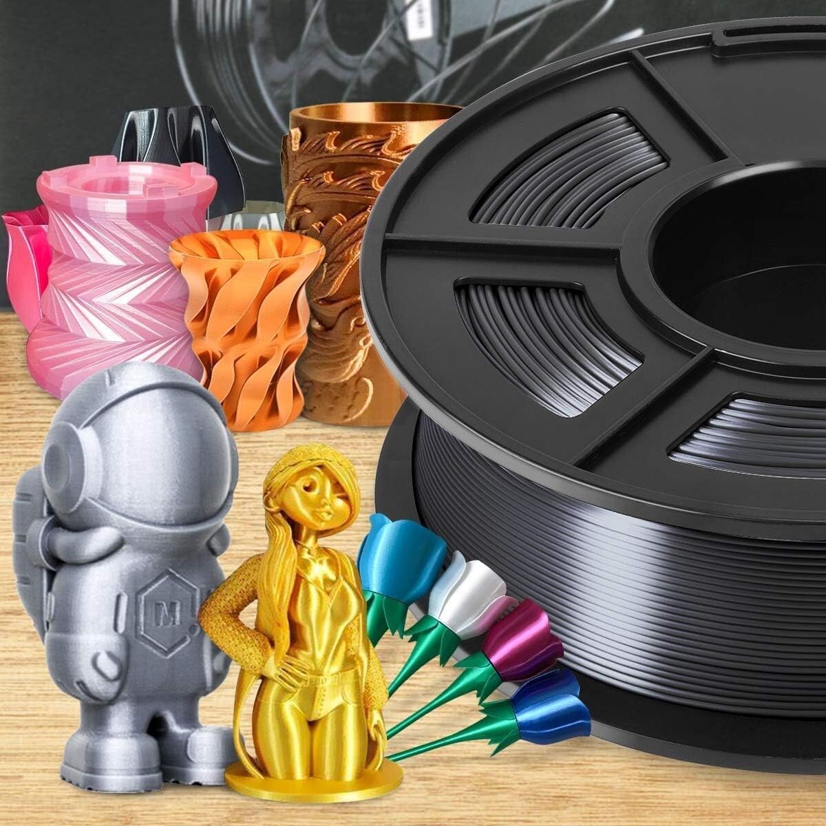 4 Pack Black Shiny Silk PLA 3D Filament - 1.75mm, Perfect for Any Printer
