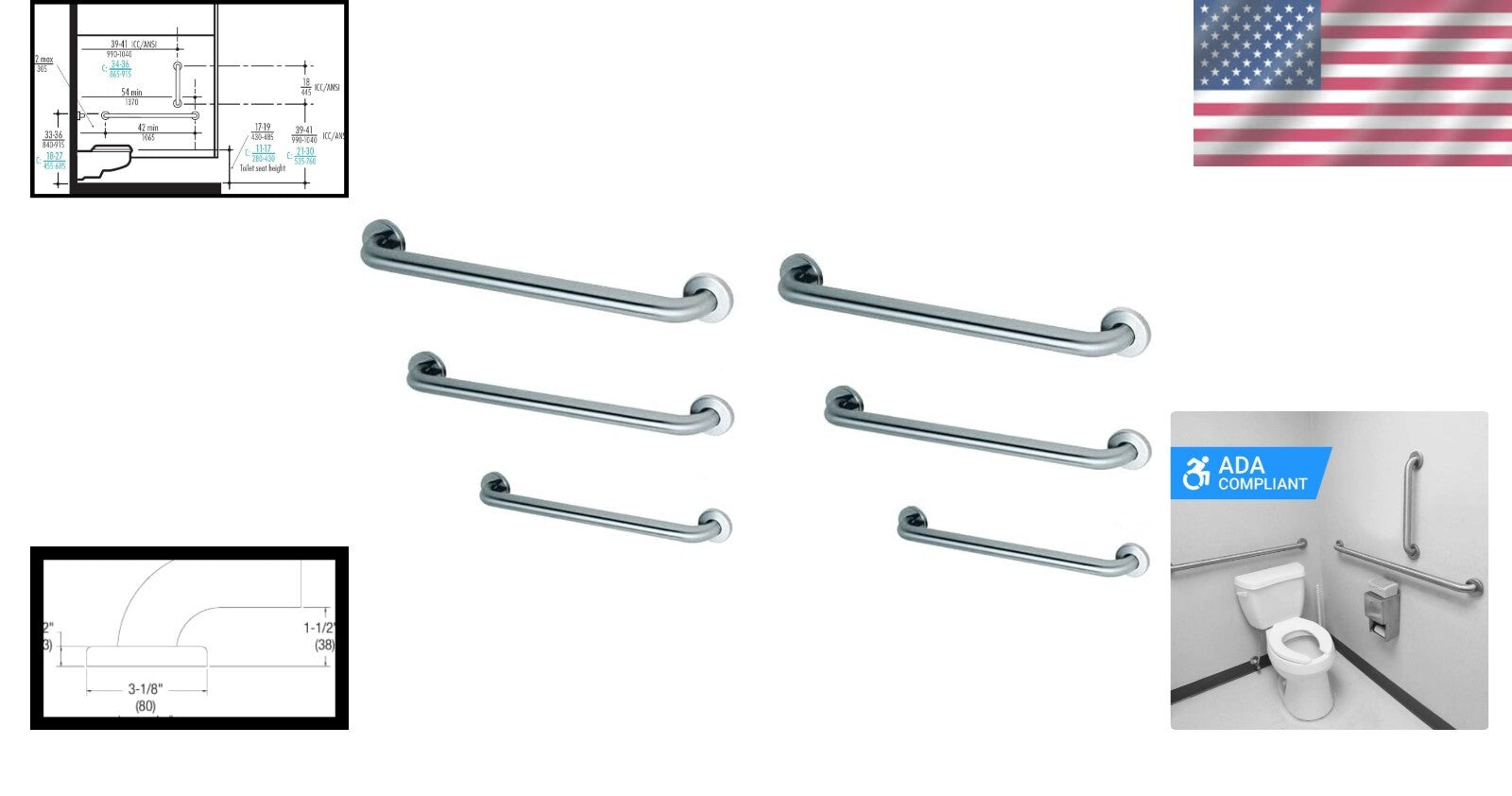 Easy to Install ADA Grab Bar Bundle - Stainless Steel & 1.5" Diameter, 6 Pack