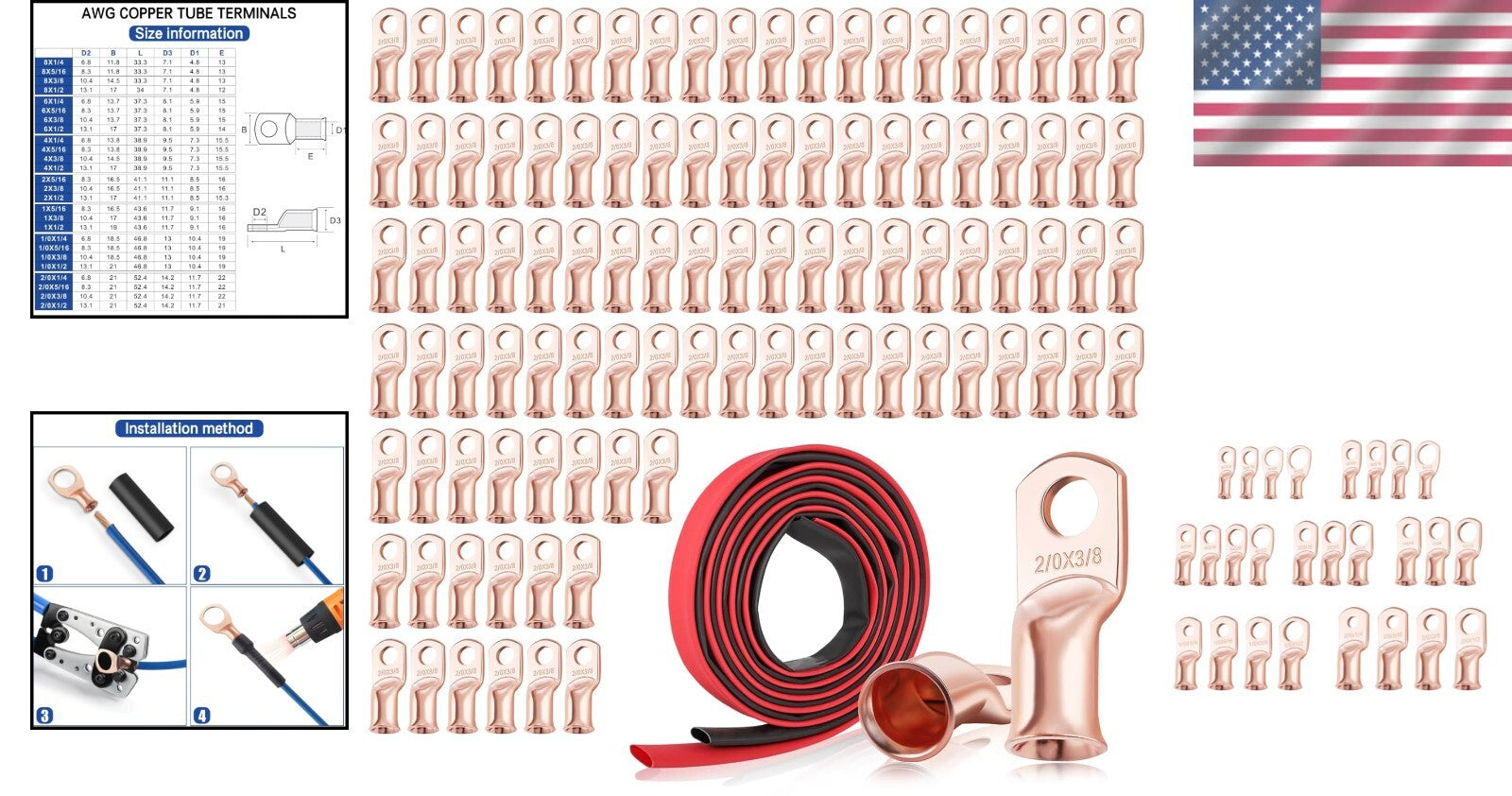 100PCS 2/0 AWG Ring Terminals with Heat Shrink Tubing for Heavy-Duty Connections