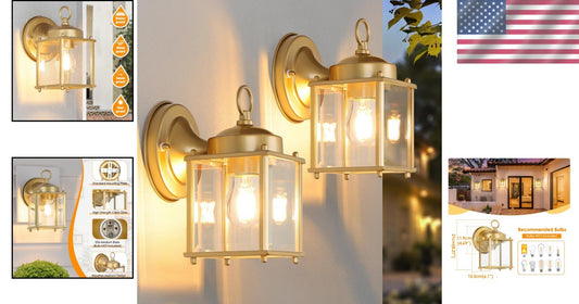 Weather Resistant Gold Wall Mount Lanterns - Set of 2 for Elegant Outdoor Spaces
