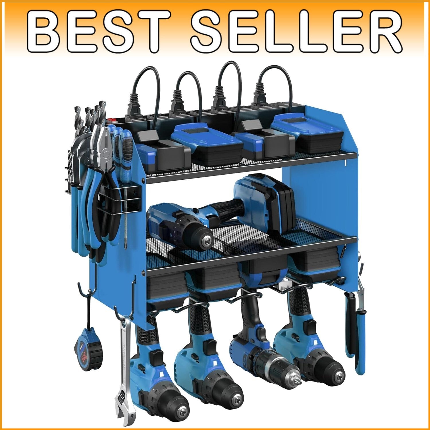 Efficient Garage Organizer: Power Tool Shelf with 8 Outlets & Drill Hook