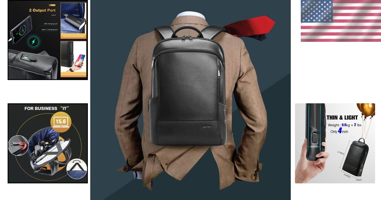 Elegant Black Leather Laptop Rucksack with USB Charging & Hidden Zipper Security