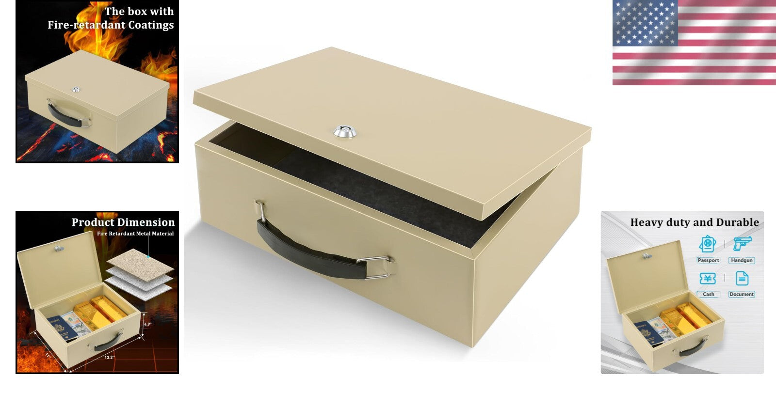 Fire Resistant Portable Lock Box - 0.3 Cubic Feet Safe for Documents & Valuables