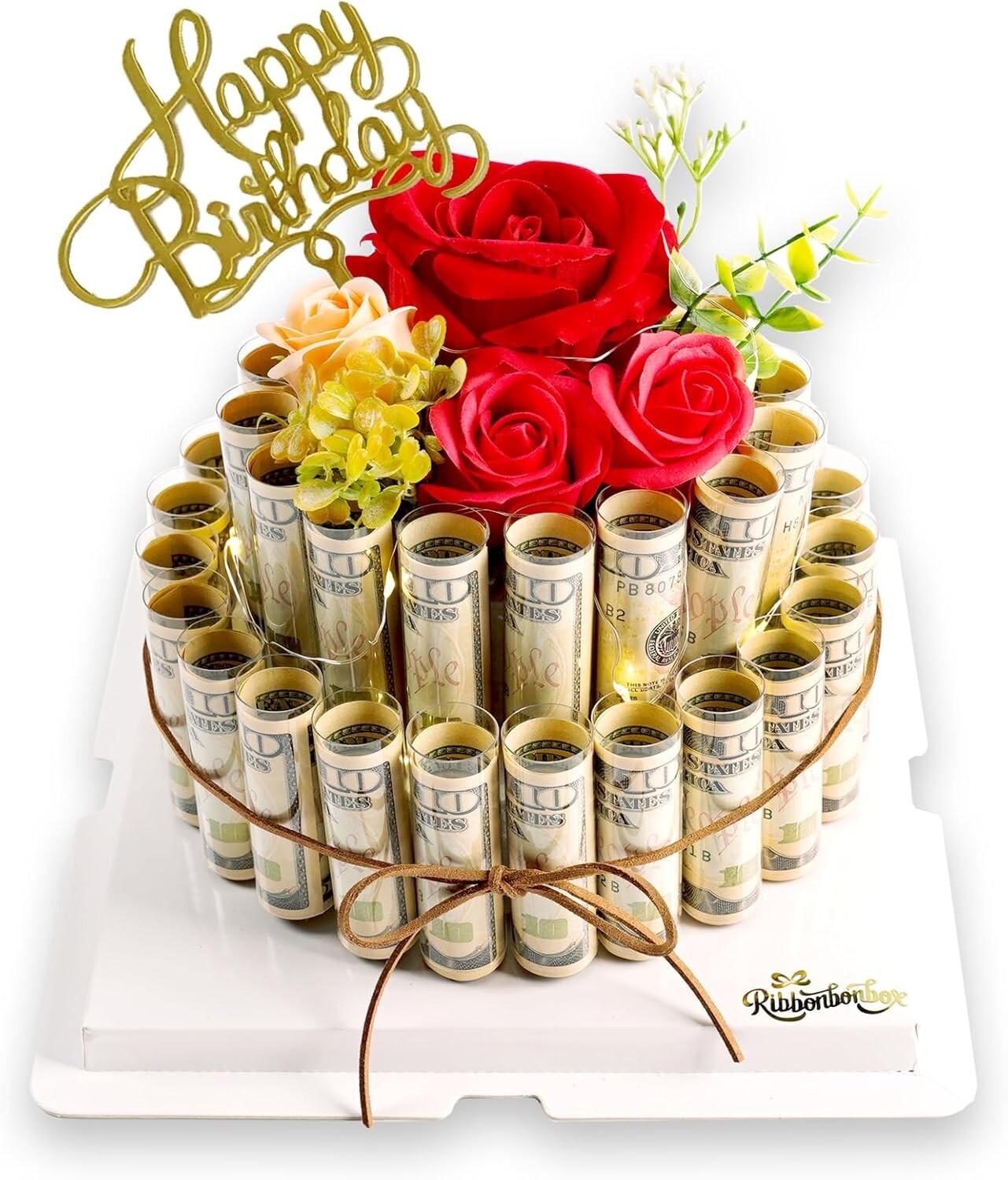 Elegant Money Cake with LED Roses - Charming Gift for Birthdays & Anniversaries
