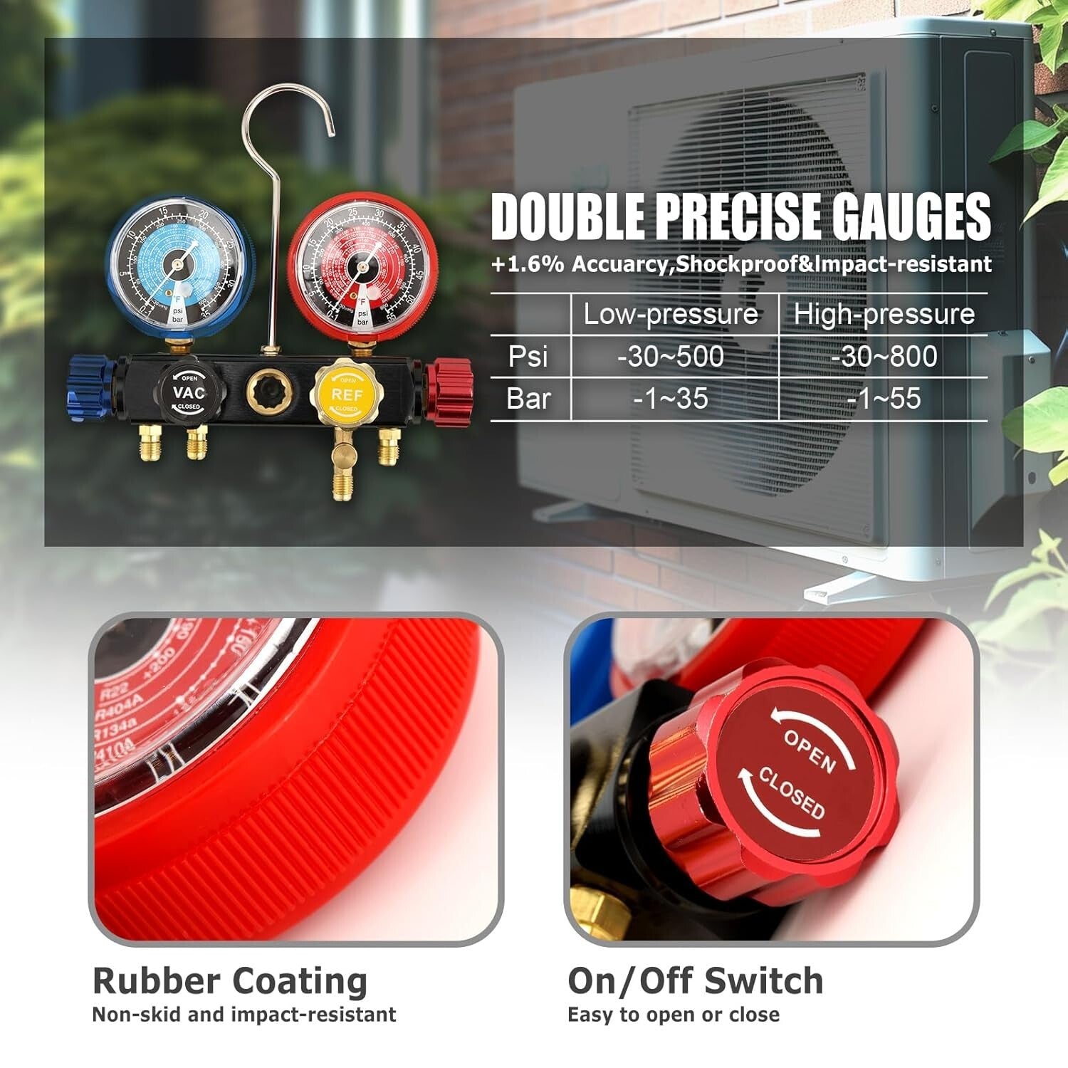 Multi-Refrigerant A/C Gauge Set with Brass Valves, 5FT Hose & 3 Tank Adapters