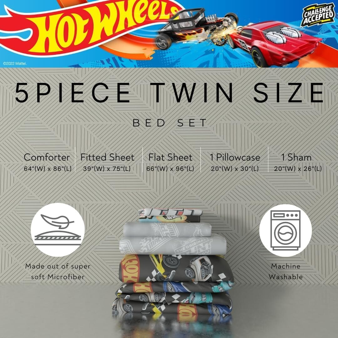 Hot Wheels Kids 5 Piece Twin Comforter & Sheet Set - Super Soft Microfiber