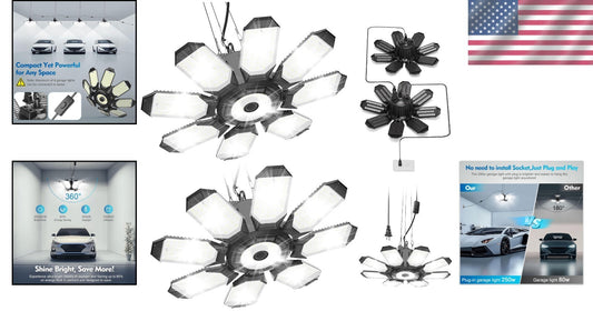 2024 Upgraded 250W LED Garage Lights + 8+1 Panels for Total Lighting Flexibility
