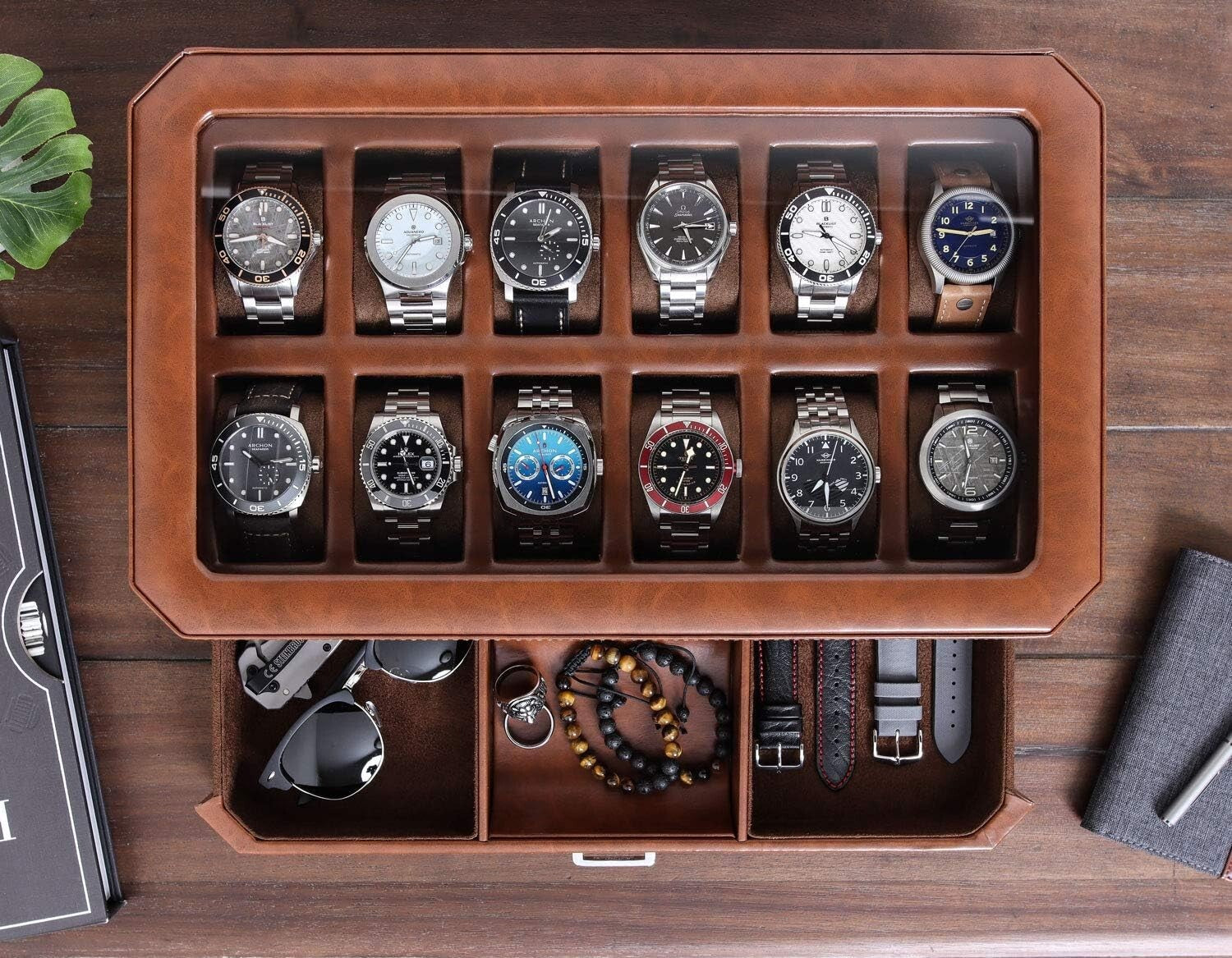 12 Slot Leather Watch Box & Slide Out Drawer - Luxury Organizer in Tan/Brown