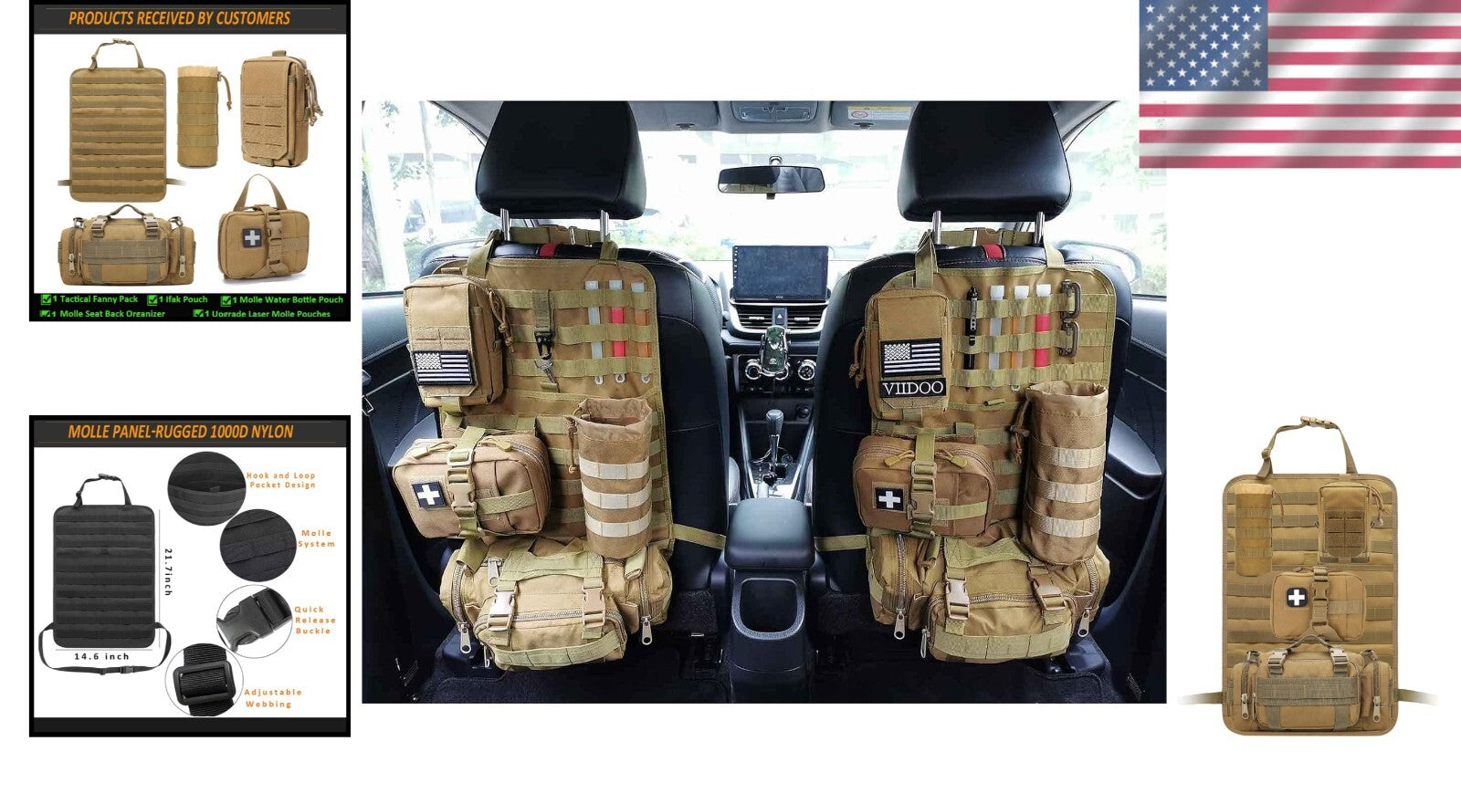 Universal MOLLE Tactical Seat Back Organizer - Durable Khaki Pouches Included