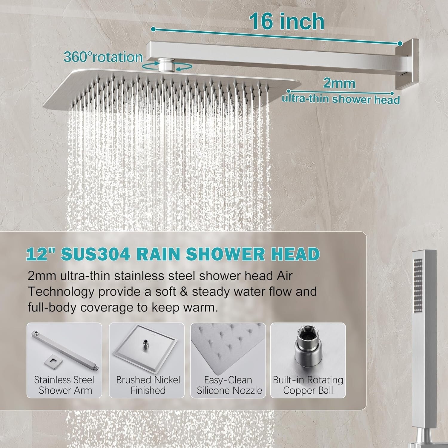 Luxury Brushed Nickel Shower System: 12-Inch Rain Shower Head & Handheld Spray