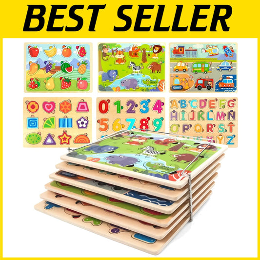 Wooden Educational Puzzle Set for Toddlers with Storage Rack - 6 Engaging Themes