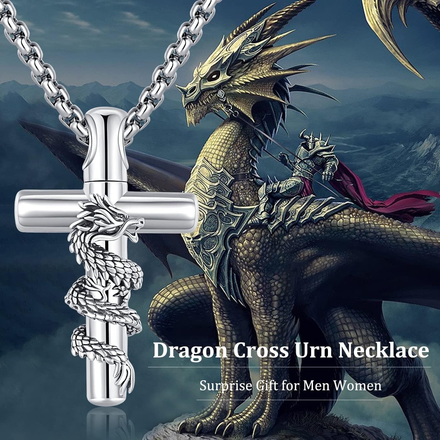 Elegant S925 Sterling Silver Dragon Cross Urn Necklace for Ashes Keepsake