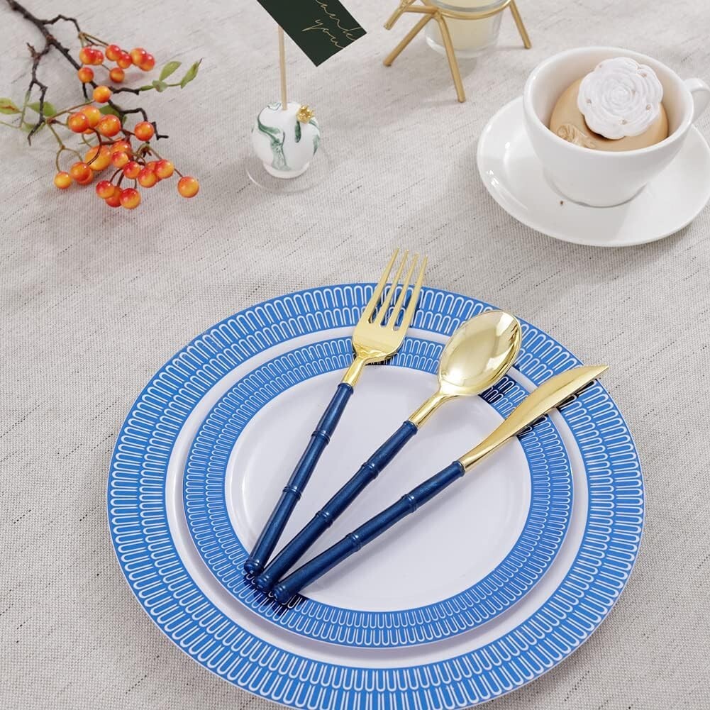 Disposable Gold Plastic Cutlery with Blue Glitter Bamboo Handles - 180 Pieces