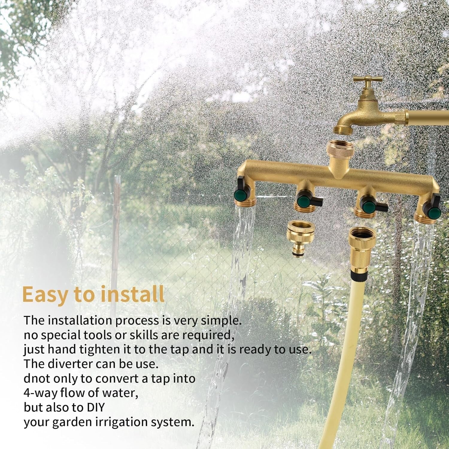 Versatile 4 Way Brass Hose Splitter with Independent Valves for Gardening
