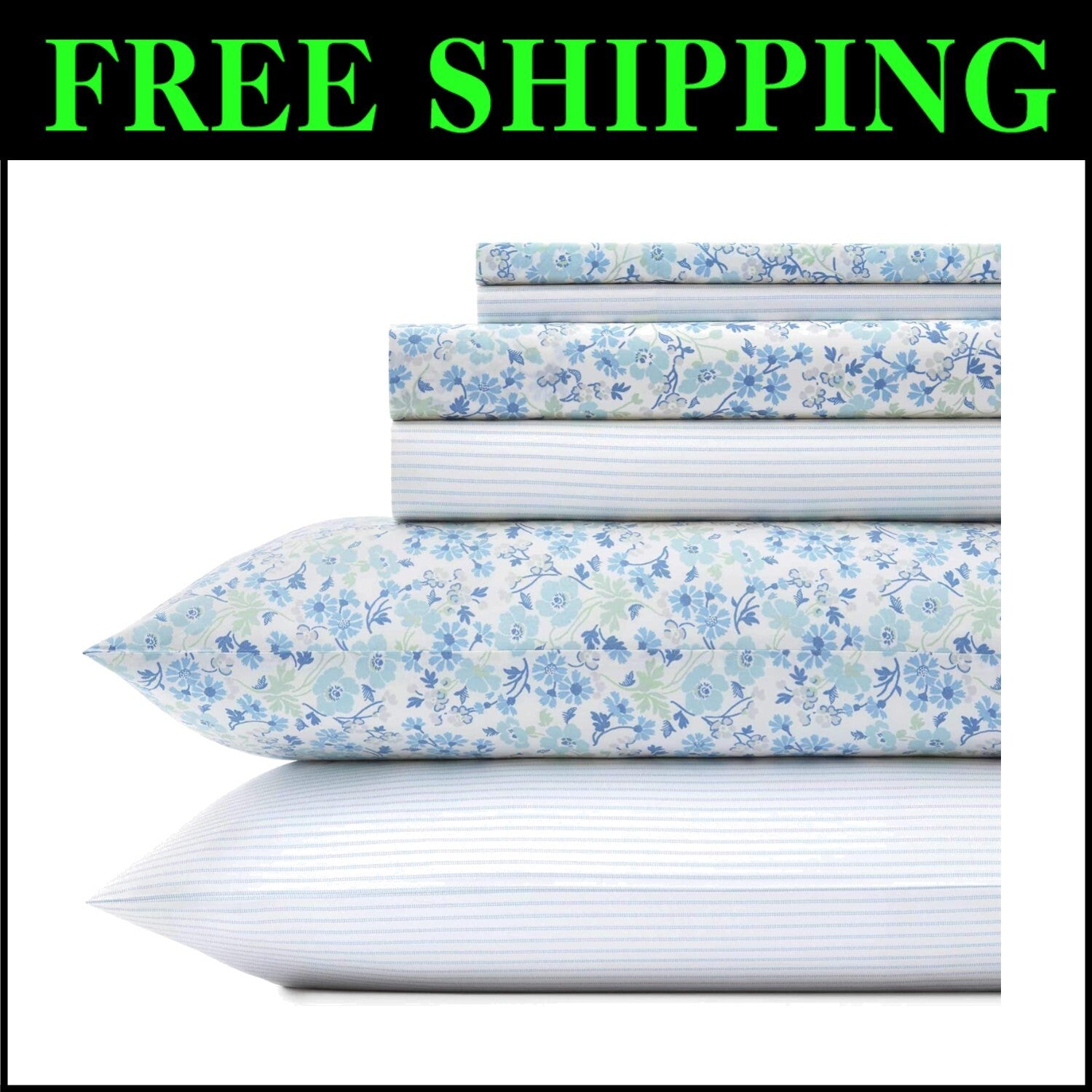 Chic 6-Piece Cotton Percale Set with Elegant Floral & Stripe Patterns - Queen