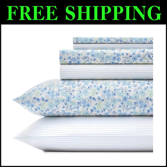 Chic 6-Piece Cotton Percale Set with Elegant Floral & Stripe Patterns - Queen