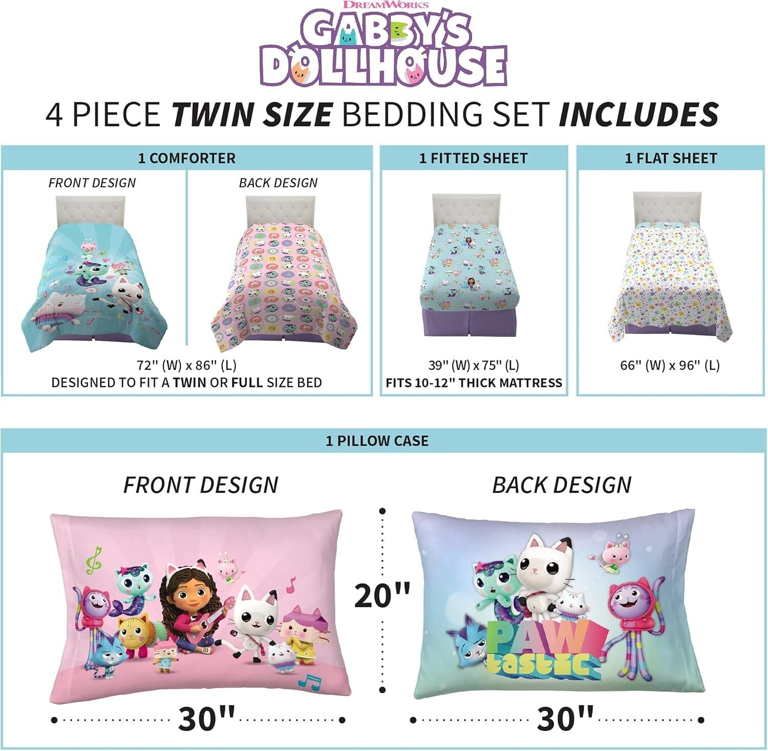Gabby's Dollhouse Cakey & MerCat Twin Bedding Set - 4 Piece Super Soft Comforter