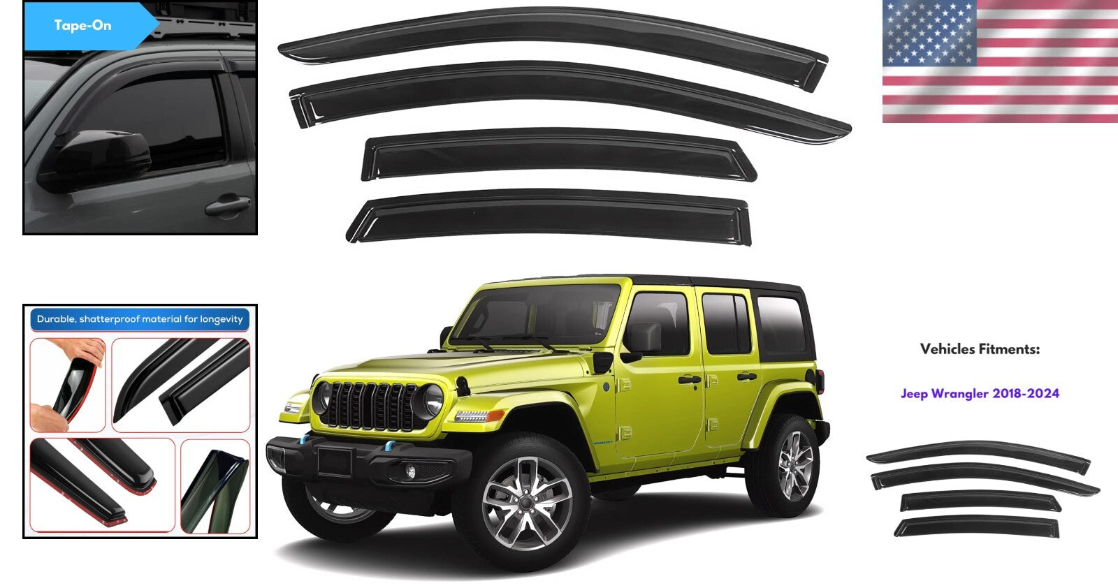 Custom Fit Window Deflectors with 3M Tape for Jeep Wrangler & Gladiator 4-Door