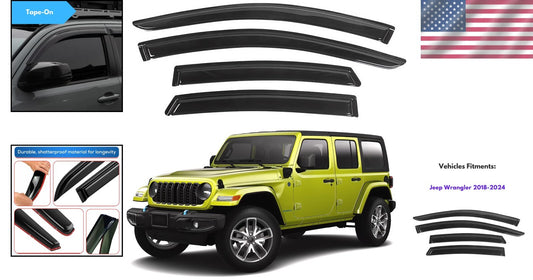 Custom Fit Window Deflectors with 3M Tape for Jeep Wrangler & Gladiator 4-Door