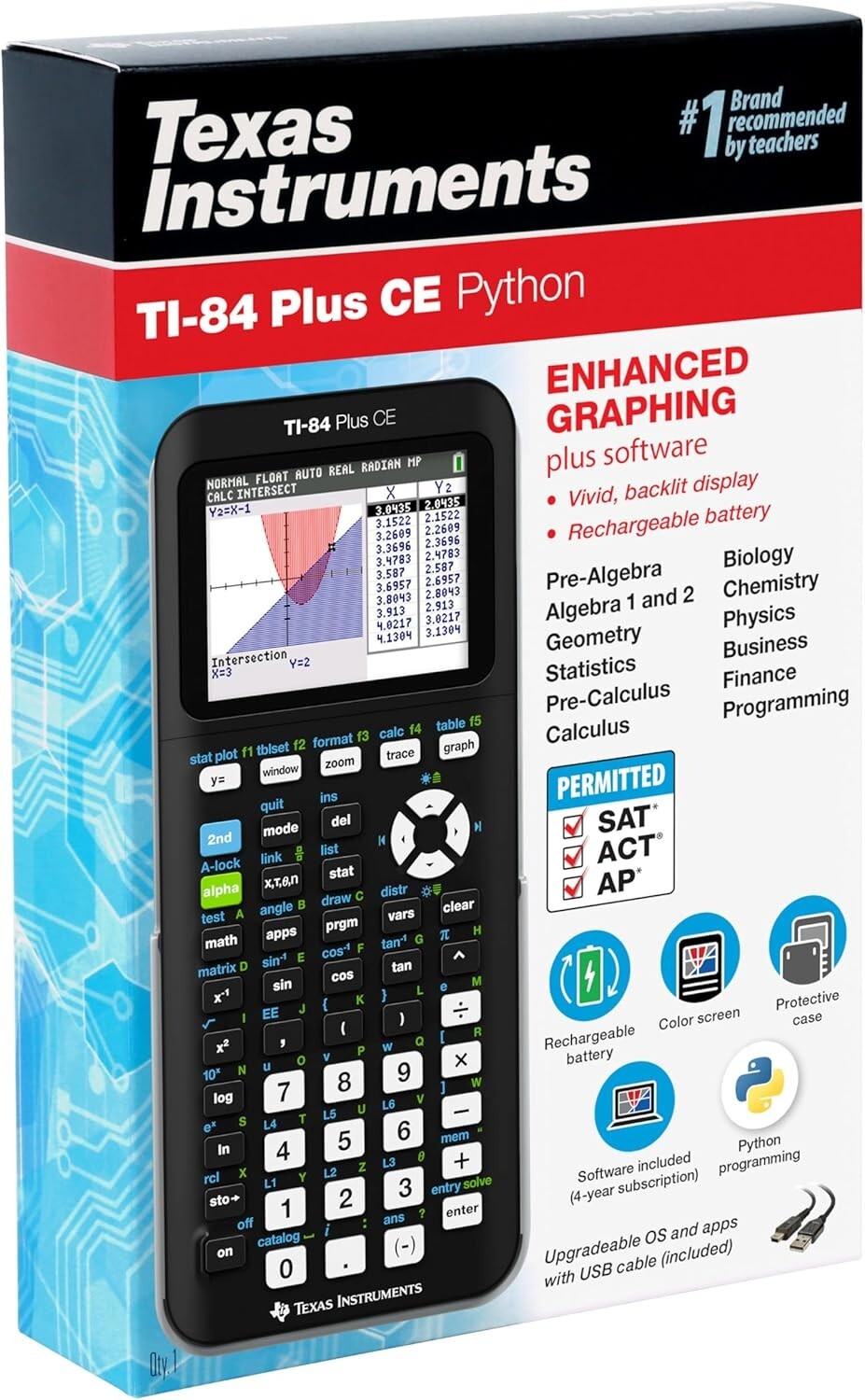 Durable TI-84 Plus CE Black Graphing Calculator - Preloaded Apps & Python Ready