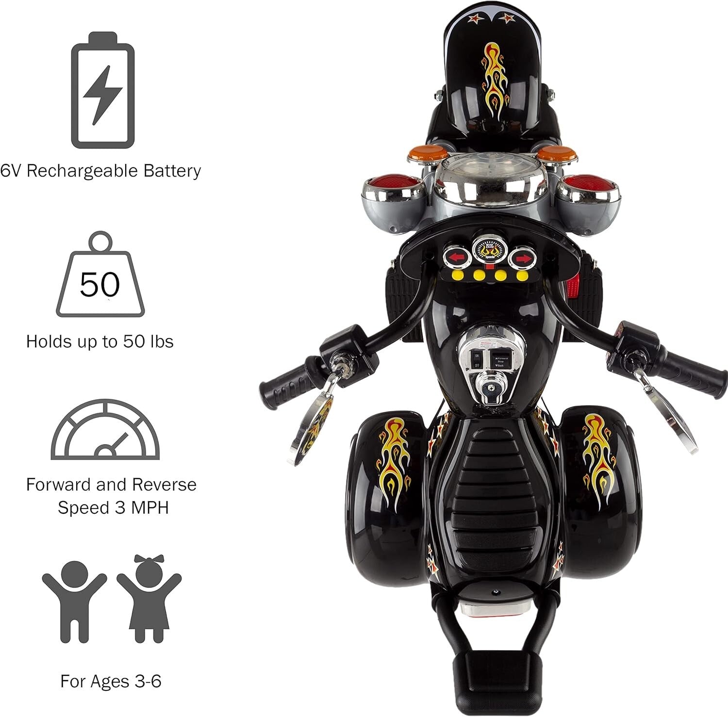 Children's Electric 3-Wheel Motorcycle with Headlights, Sounds - Black Chopper