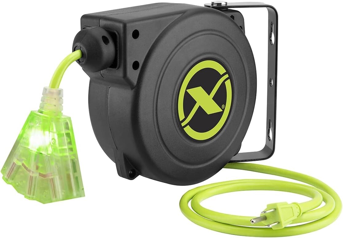 ZillaGreen 25 Ft Retractable Extension Cord Reel with Lighted Triple Tap Outlet