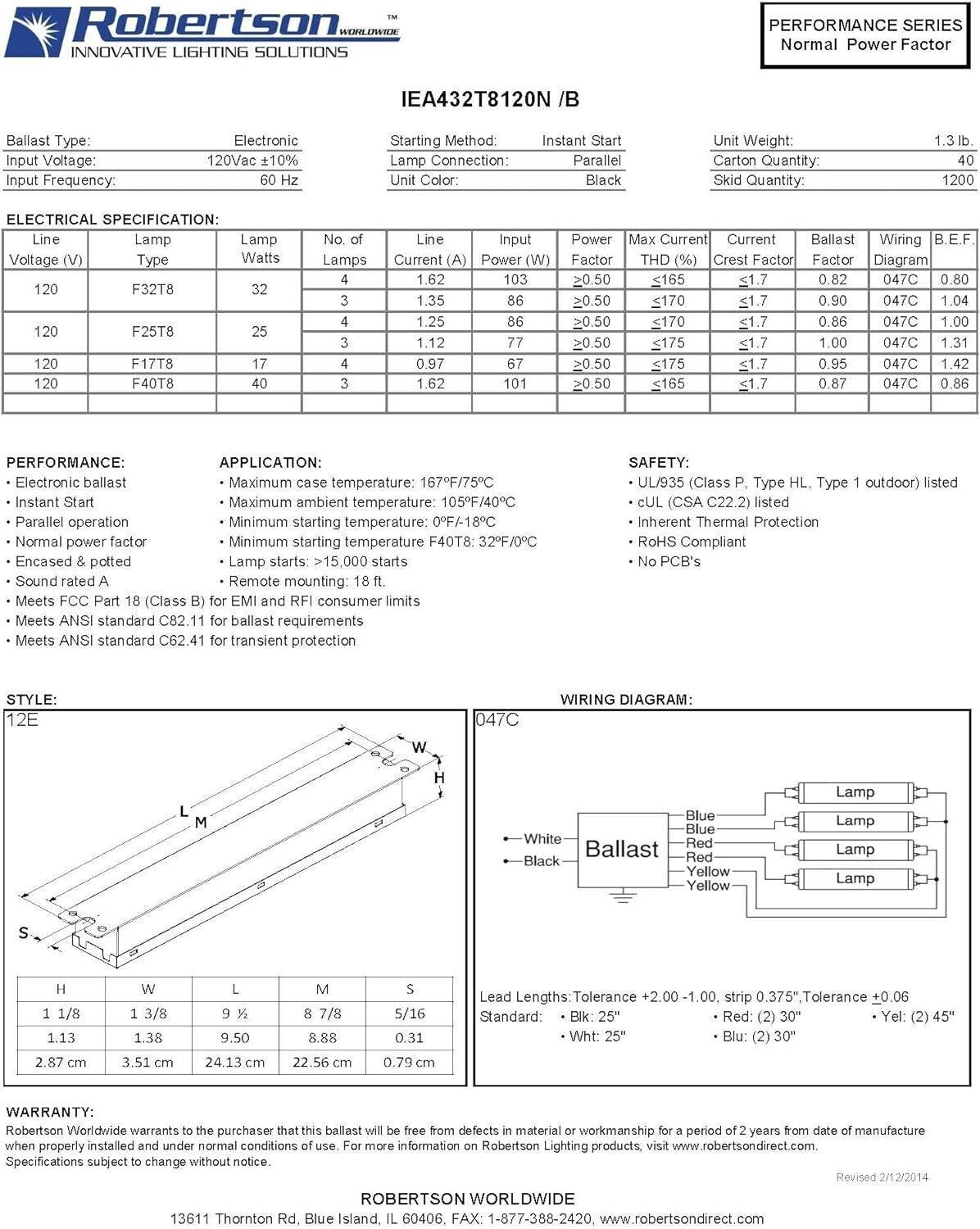 High-Efficiency Robertson Electronic Ballast for 3/4 T8 Lamps - Instant Start