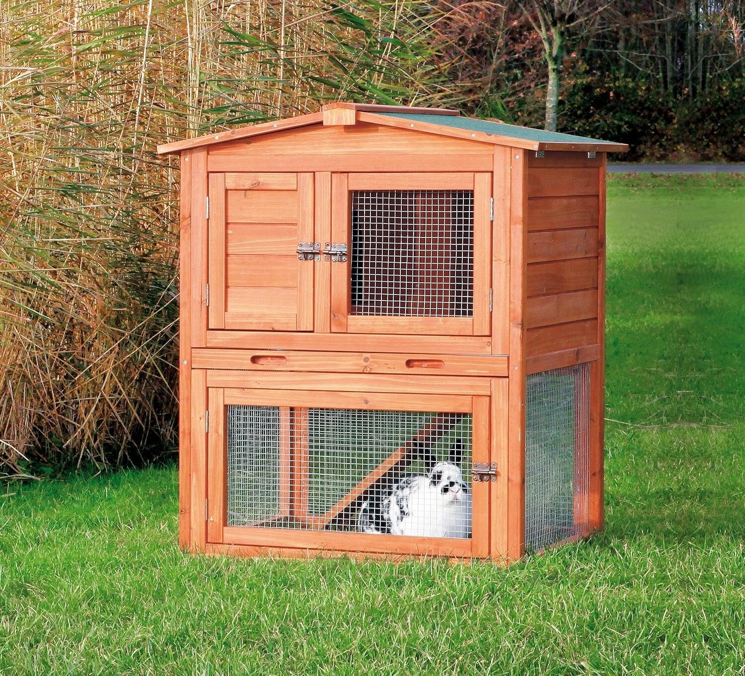 Natura Wood Rabbit Hutch with Pull-Out Tray & Hinged Roof for Easy Access
