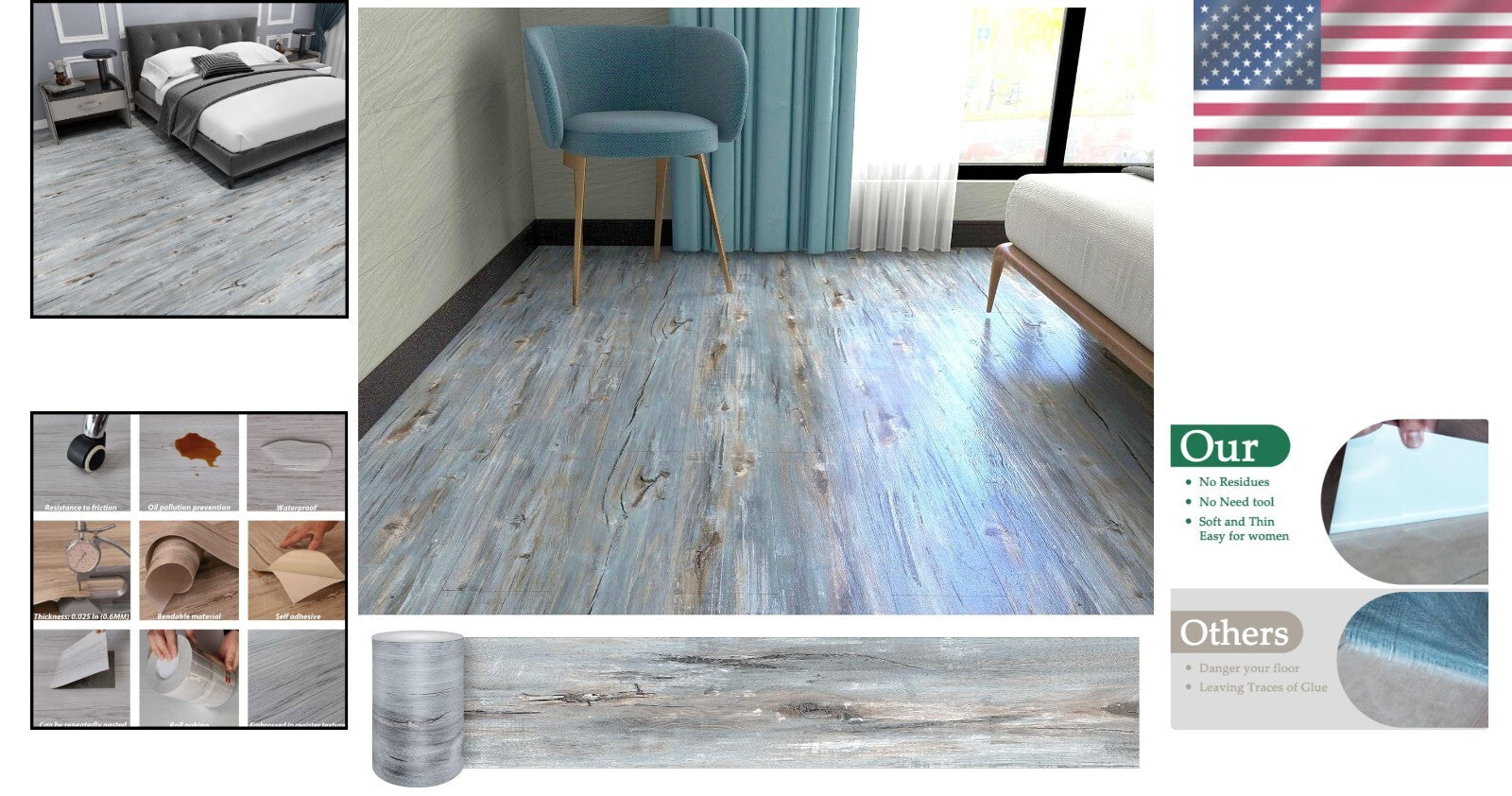 Durable Self-Adhesive Vinyl Floor Tiles - 36" x 6" Mediterranean Style, 72 Pack