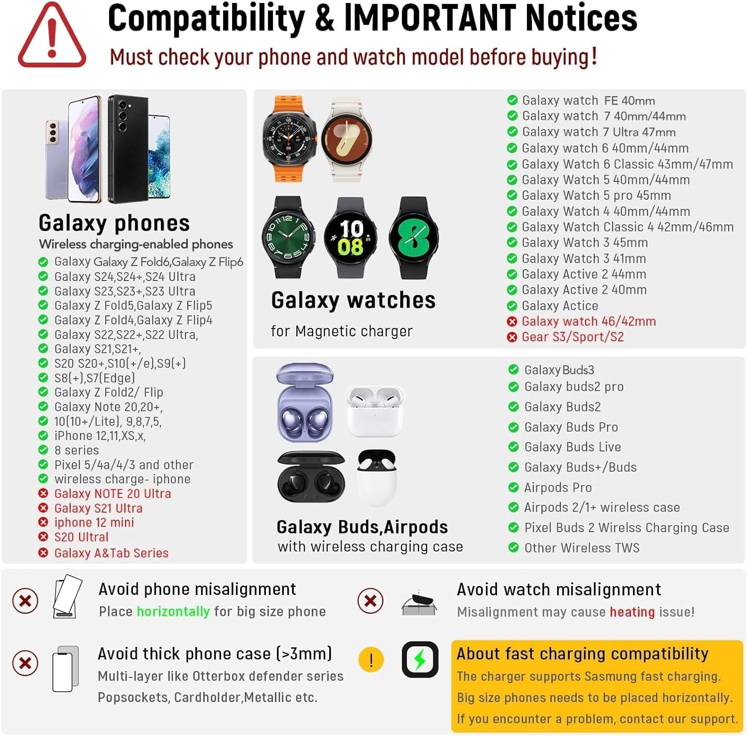 Compact Wireless Charging Station with Alarm Clock for Galaxy Watches/Samsung
