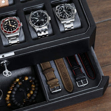 Load image into Gallery viewer, Modern 12-Slot Watch and Jewelry Organizer with Microsuede Liner, Black/Grey