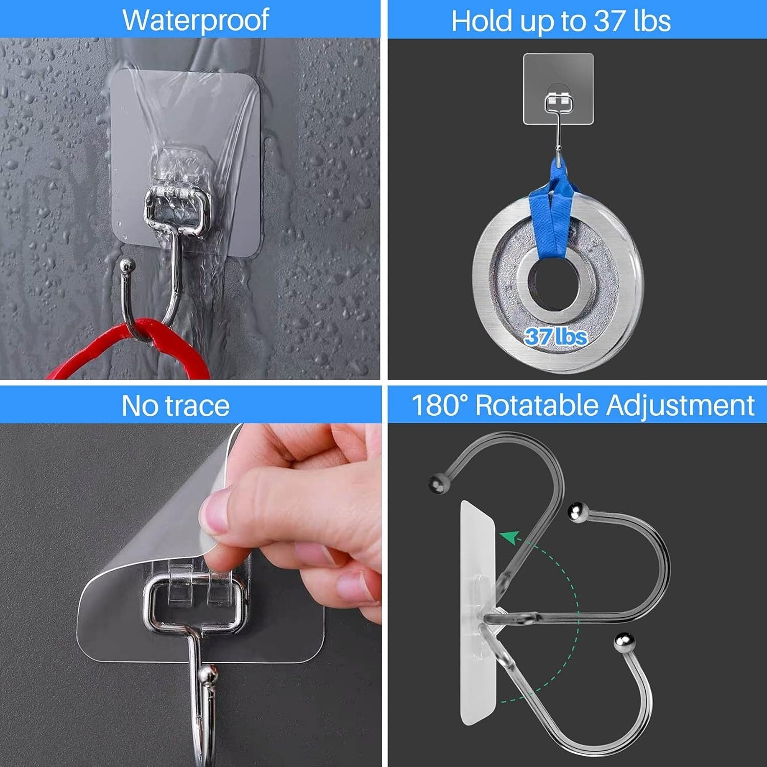 Durable Self-Adhesive Hooks - 100 Pack, 37lb Capacity, Ideal for All Surfaces