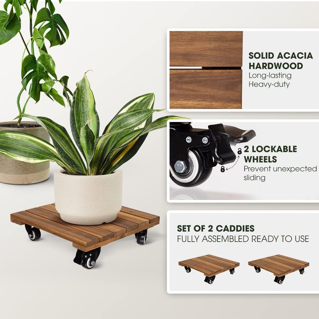 Rust-Resistant Acacia Wood Plant Caddy with Wheels - Effortless Mobility Set
