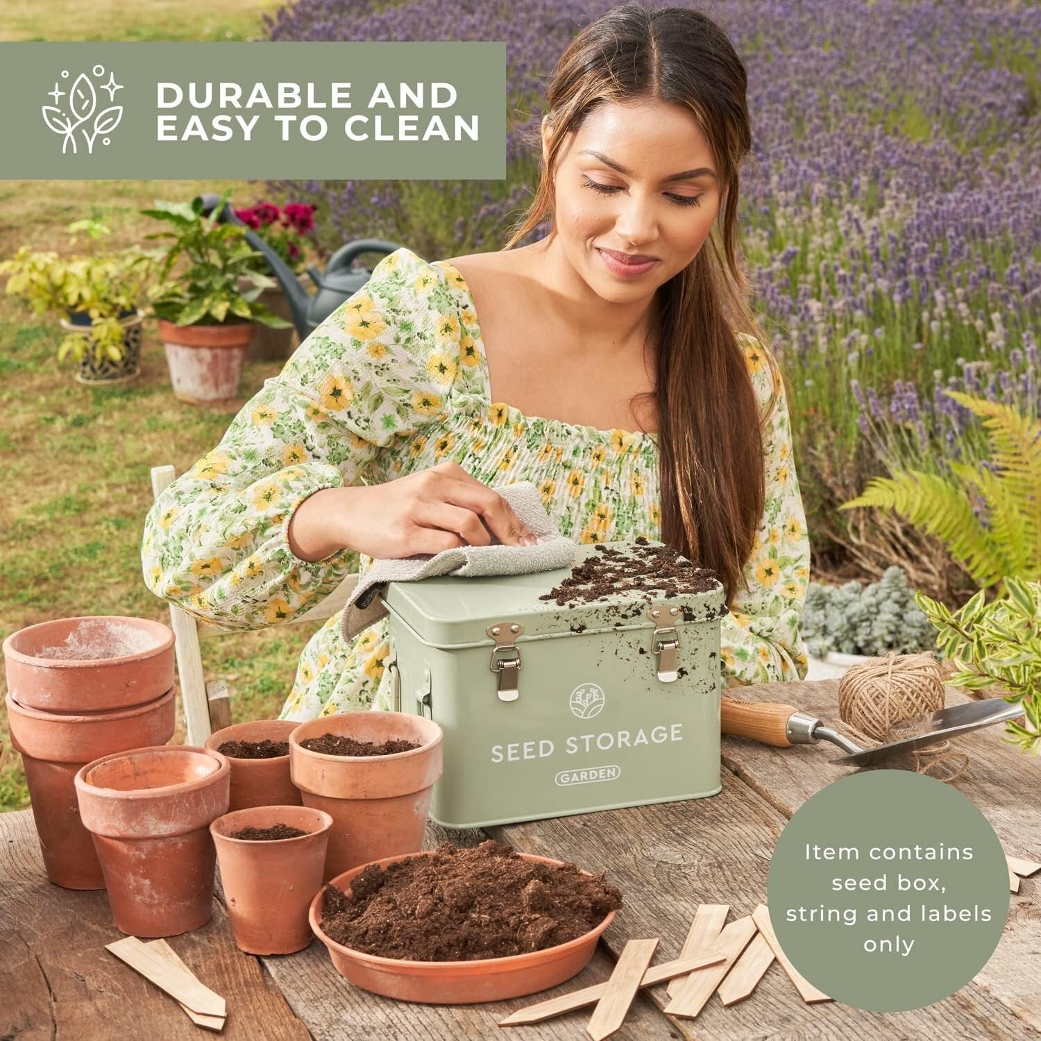 Elegant Metal Seed Storage Box with 3 Compartments & Bamboo Labels - Green