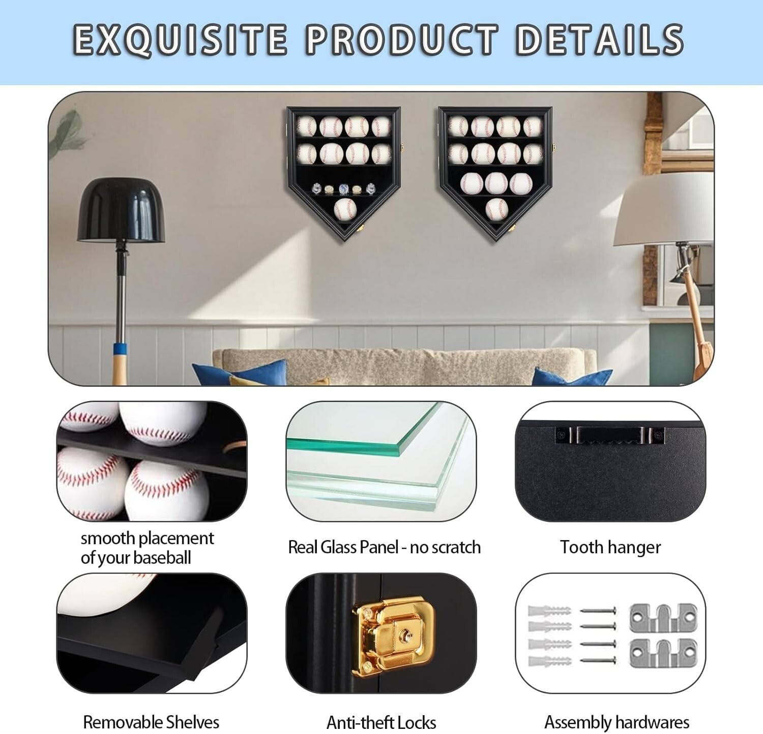 Stylish Baseball & Championship Ring Display Case with Detachable Partitions