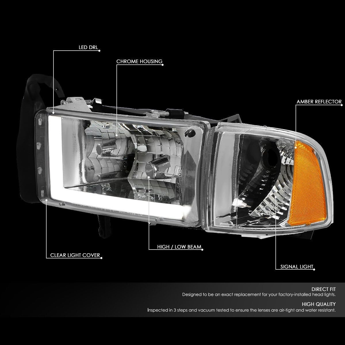 Clear Lens Chrome Amber LED Headlights - Perfect for 94-01 Ram 1500 & 2500