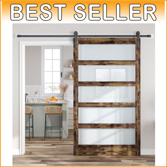 Chic Brown Wood Barn Door with Frosted Glass & 8ft Hardware - DIY Friendly